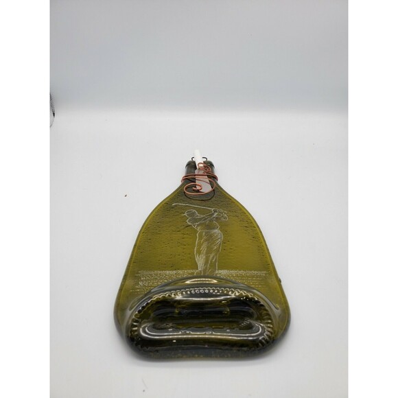 Cheese Plate Green Wine Bottle Serving Dish Spoon Rest Etched Golfer Flattened - Picture 12 of 12